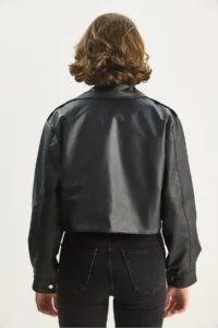 Bianco Lucci Women's Wide Pocket Detailed Belted Oversize Crop Leather Jacket 3129 - Image 6