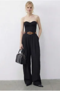 Bianco Lucci Women's Pocket Detailed Belted High Waist Premium Palazzo Trousers 5054