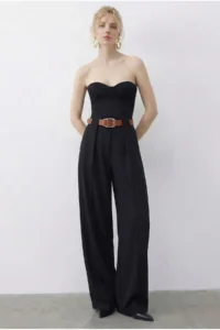 Bianco Lucci Women's Pocket Detailed Belted High Waist Premium Palazzo Trousers 5054 - Image 3