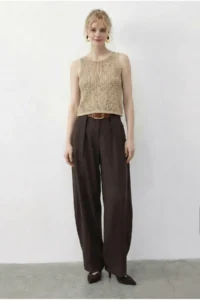 Bianco Lucci Women's Pocket Detailed Belted High Waist Premium Palazzo Trousers 5054