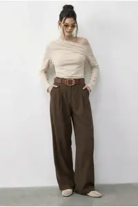 Bianco Lucci Women's Pocket Detailed Belted High Waist Premium Palazzo Trousers 5054