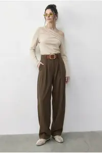 Bianco Lucci Women's Pocket Detailed Belted High Waist Premium Palazzo Trousers 5054 - Image 4