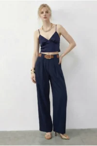 Bianco Lucci Women's Pocket Detailed Belted High Waist Premium Palazzo Trousers 5054 - Image 3