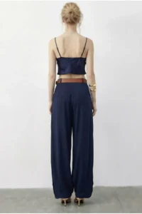 Bianco Lucci Women's Pocket Detailed Belted High Waist Premium Palazzo Trousers 5054 - Image 5