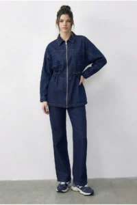 Bianco Lucci Women's Zippered Waist Tie Pocket Detailed Denim Bottom-Top Set 60597 - Image 2