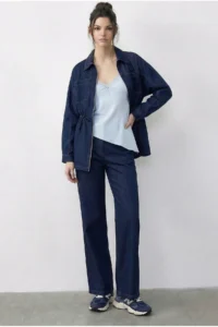 Bianco Lucci Women's Zippered Waist Tie Pocket Detailed Denim Bottom-Top Set 60597 - Image 4