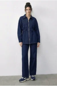 Bianco Lucci Women's Zippered Waist Tie Pocket Detailed Denim Bottom-Top Set 60597 - Image 5