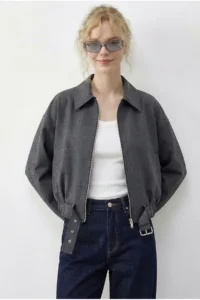 Bianco Lucci Women's Oversize Belt Detailed Zippered Lined Bomber Jacket 2911 - Image 2