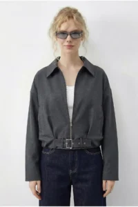 Bianco Lucci Women's Oversize Belt Detailed Zippered Lined Bomber Jacket 2911 - Image 3