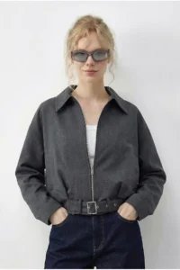 Bianco Lucci Women's Oversize Belt Detailed Zippered Lined Bomber Jacket 2911 - Image 4