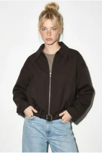 Bianco Lucci Women's Oversize Belt Detailed Zippered Lined Bomber Jacket 2911 - Image 4