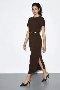 Bianco Lucci Women's Belted Crew Neck Pencil Dress 0573