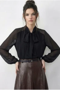 Bianco Lucci Women's Tie Detailed Lined Chiffon Blouse 71759 - Image 2
