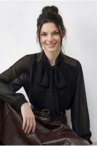 Bianco Lucci Women's Tie Detailed Lined Chiffon Blouse 71759 - Image 3