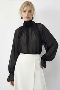 Bianco Lucci Women's High Collar Cape Cut Princess Sleeve Chiffon Blouse 0899 - Image 2