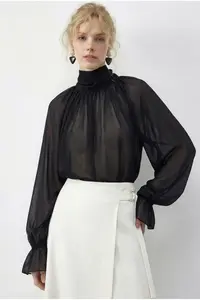 Bianco Lucci Women's High Collar Cape Cut Princess Sleeve Chiffon Blouse 0899 - Image 3