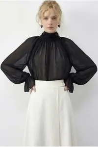 Bianco Lucci Women's High Collar Cape Cut Princess Sleeve Chiffon Blouse 0899 - Image 4