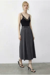 Bianco Lucci Women's Pleat Detailed Belted Slit Midi Skirt 7224 - Image 2