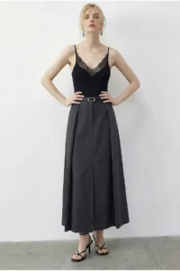 Bianco Lucci Women's Pleat Detailed Belted Slit Midi Skirt 7224 - Image 3