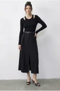 Bianco Lucci Women's Pleat Detailed Belted Slit Midi Skirt 7224