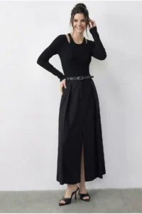 Bianco Lucci Women's Pleat Detailed Belted Slit Midi Skirt 7224 - Image 3