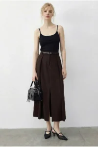 Bianco Lucci Women's Pleat Detailed Belted Slit Midi Skirt 7224