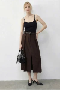 Bianco Lucci Women's Pleat Detailed Belted Slit Midi Skirt 7224 - Image 2