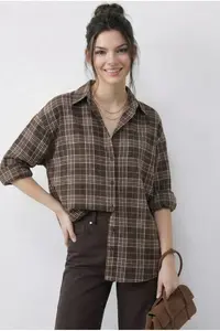 Bianco Lucci Women's Plaid Patterned Relaxed 100% Cotton Shirt 34519
