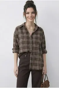Bianco Lucci Women's Plaid Patterned Relaxed 100% Cotton Shirt 34519 - Image 2