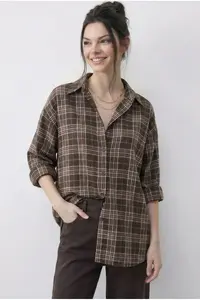 Bianco Lucci Women's Plaid Patterned Relaxed 100% Cotton Shirt 34519 - Image 3