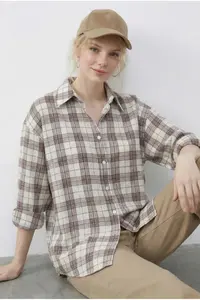 Bianco Lucci Women's Plaid Patterned Relaxed 100% Cotton Shirt 34519