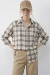Bianco Lucci Women's Plaid Patterned Relaxed 100% Cotton Shirt 34519 - Image 2