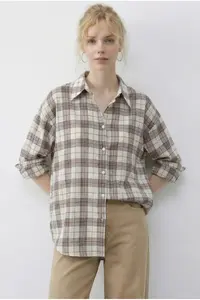 Bianco Lucci Women's Plaid Patterned Relaxed 100% Cotton Shirt 34519 - Image 3
