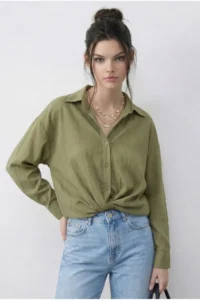 Bianco Lucci Women's Casual Striped Shirt with Gathering Detail on the Front 191