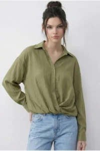 Bianco Lucci Women's Casual Striped Shirt with Gathering Detail on the Front 191 - Image 2