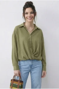 Bianco Lucci Women's Casual Striped Shirt with Gathering Detail on the Front 191 - Image 3