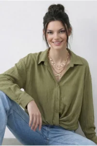 Bianco Lucci Women's Casual Striped Shirt with Gathering Detail on the Front 191 - Image 4