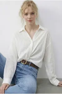 Bianco Lucci Women's Casual Striped Shirt with Gathering Detail on the Front 191 - Image 2