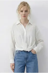 Bianco Lucci Women's Casual Striped Shirt with Gathering Detail on the Front 191 - Image 3
