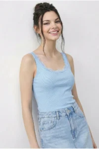Bianco Lucci Women's Cotton Slim Fit U-Neck Lace Undershirt 1053 - Image 2