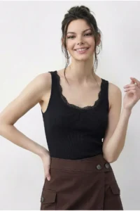 Bianco Lucci Women's Cotton Slim Fit U-Neck Lace Undershirt 1053 - Image 2