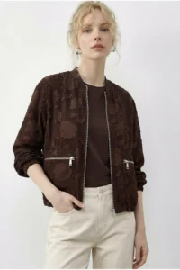 Bianco Lucci Women's Zippered Chiffon Printed Oversize Jacket 2913