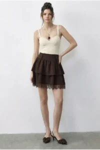 Bianco Lucci Women's Lace Detailed Flounce Crepe Skirt 7219