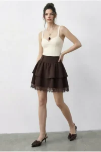 Bianco Lucci Women's Lace Detailed Flounce Crepe Skirt 7219 - Image 2
