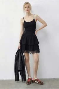Bianco Lucci Women's Lace Detailed Flounce Crepe Skirt 7219 - Image 2