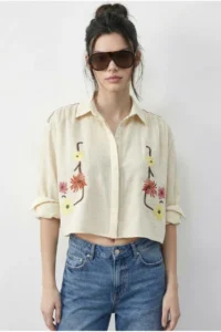 Bianco Lucci Women's Embroidered Relaxed Muslin Shirt 71739