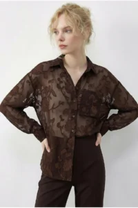 Bianco Lucci Women's Embossed Rose Patterned Transparent Chiffon Shirt 354