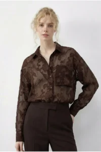 Bianco Lucci Women's Embossed Rose Patterned Transparent Chiffon Shirt 354 - Image 2