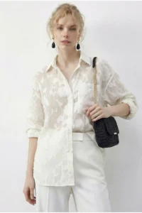 Bianco Lucci Women's Embossed Rose Patterned Transparent Chiffon Shirt 354 - Image 2