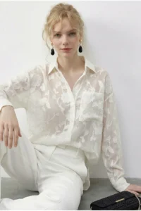Bianco Lucci Women's Embossed Rose Patterned Transparent Chiffon Shirt 354 - Image 3